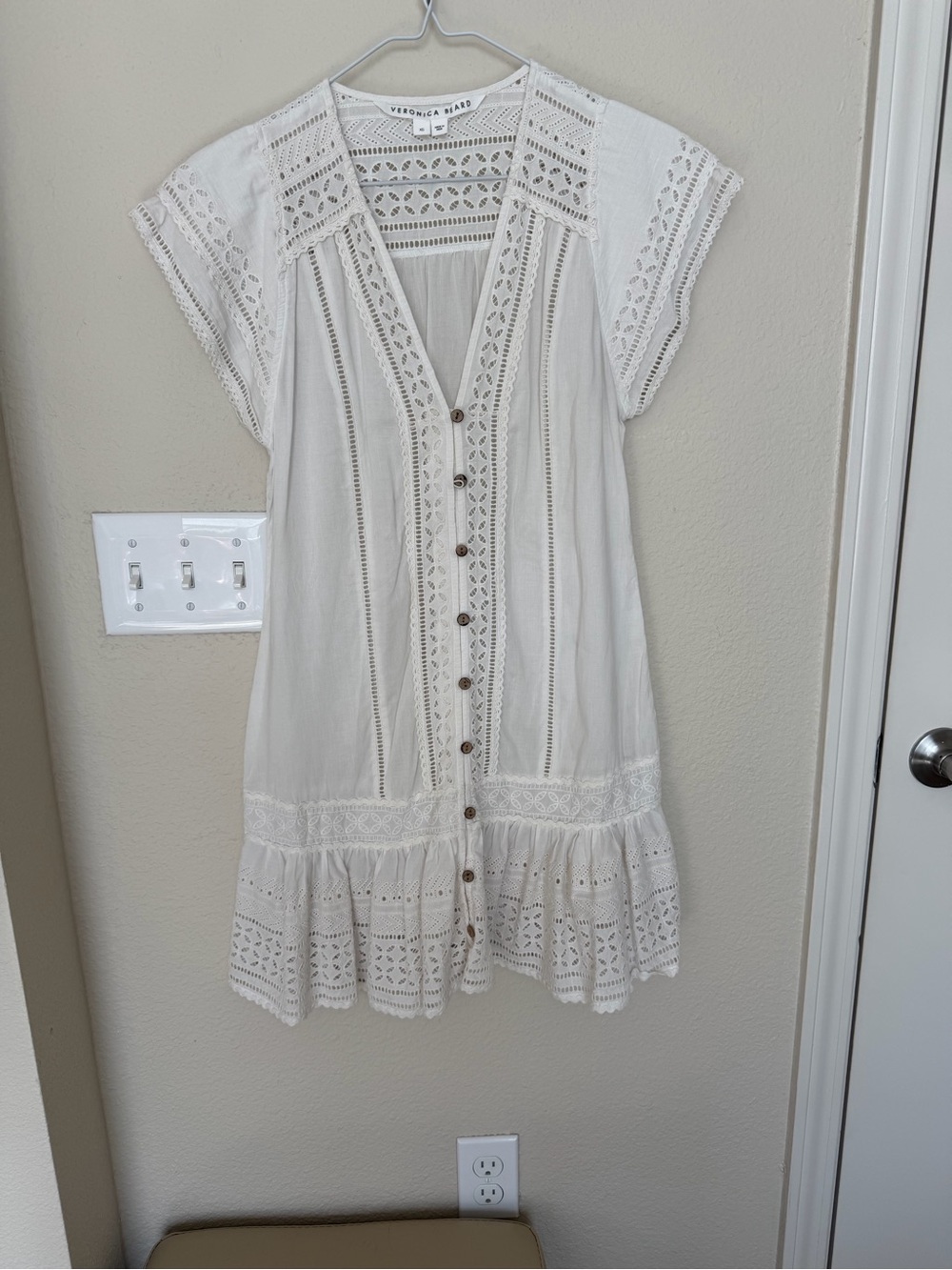 Veronica Beard Cream Sheer Crochet Button-Front Mini Dress -NO SLIP